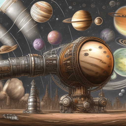 AI generated: A steampunk style space rocket in the space, with planets in the background