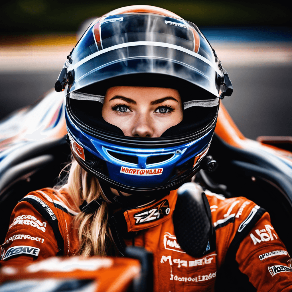 AI generated: A determined 23-year-old female race car driver, clad in a high-speed racing suit and helmet, exudes...