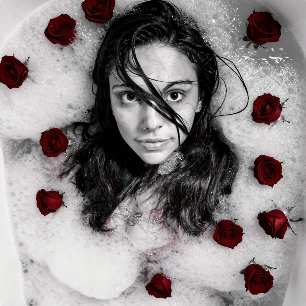 AI generated: Use this picture and create a seductive bathtub scene where the woman long dark brown hair is all we...