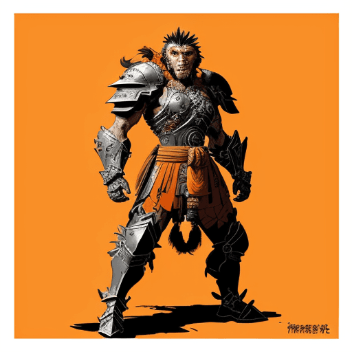 AI generated: warrior monkey in full armor, concept art in the style of Yoji Shinkawa and Dominik Mayer with vibra...