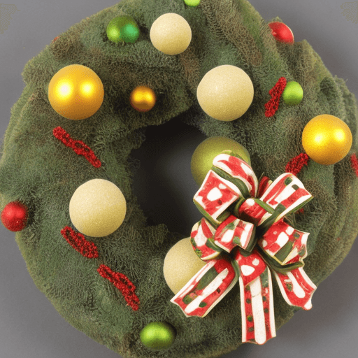 AI generated:  clay, 3d, Christmas wreath with pine and yellow and red polka dots, hunter green