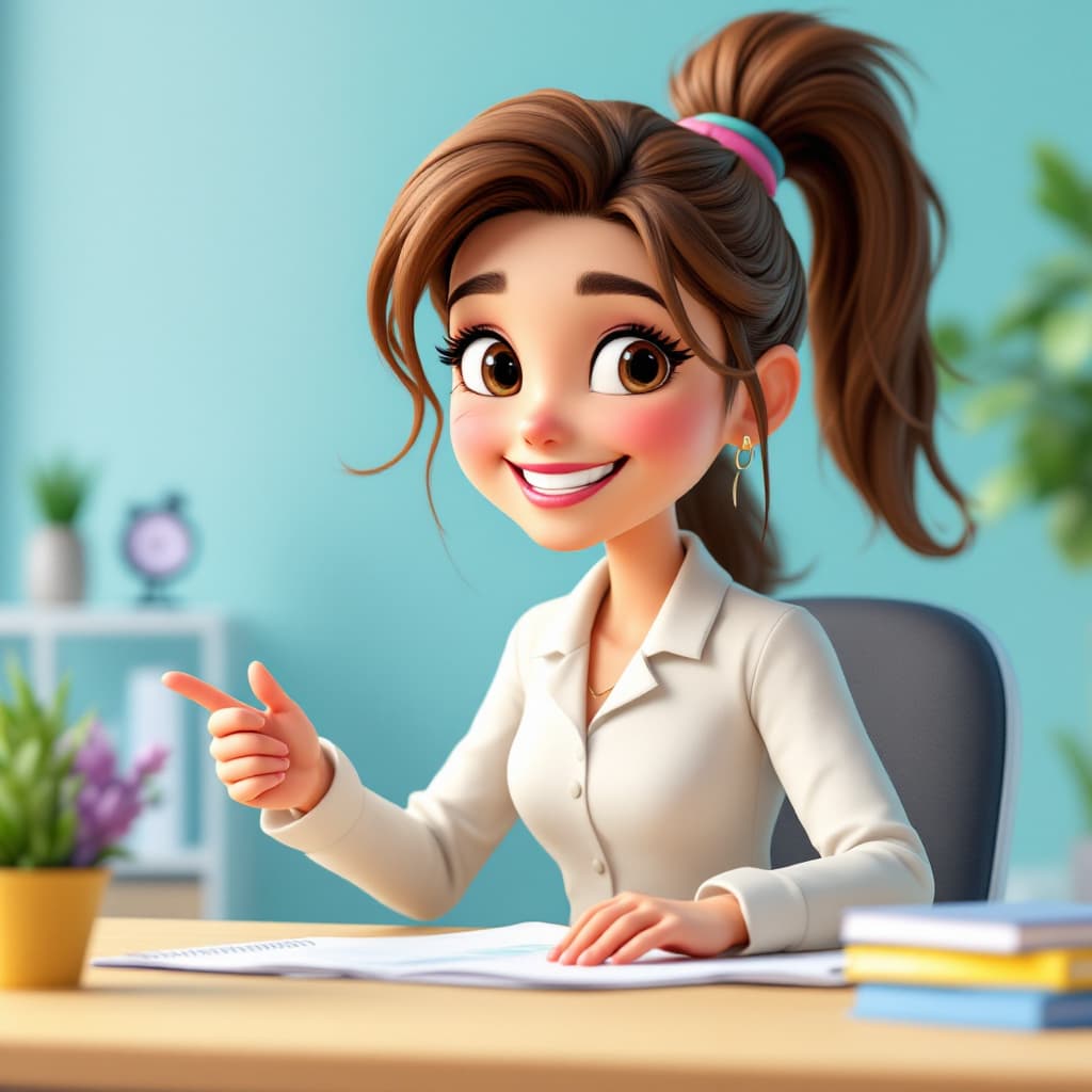AI generated: ANIMATED IMAGE OF A AI CAAARER GUIDANCE CANCELOR FOR STUDENTS  WAAERING CLASSES ON HER DESK SMILING ...