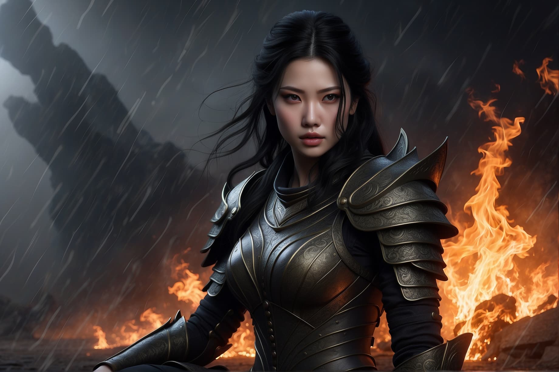 AI generated: a kneeling warrior woman looks down, she is very sad because she has lost the war, her friends are a...