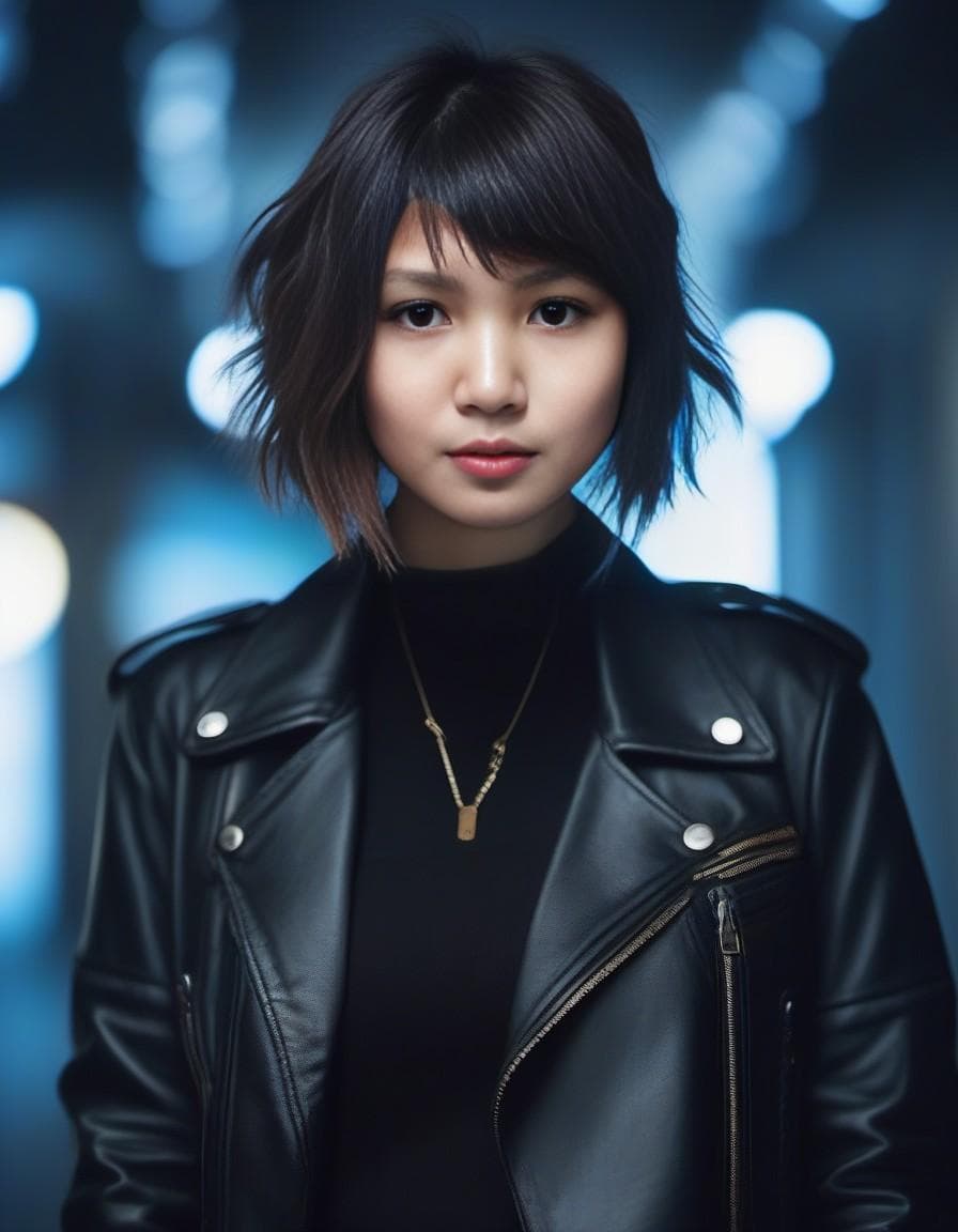 AI generated: woman gray and blue undercut hair, dark detective clothes, Tomboy goth girl wearing black biker jack...