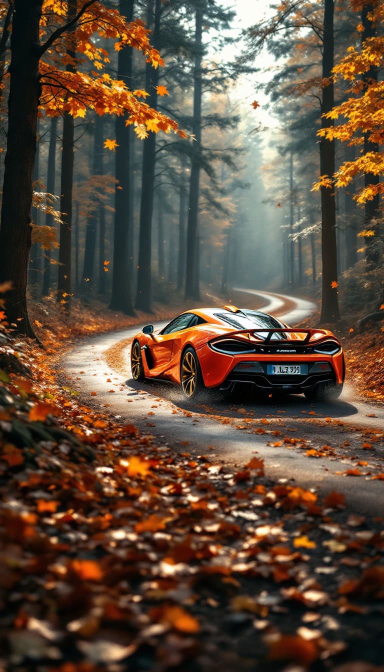 AI generated: A vibrant fire-orange McLaren 720S hurtles through a dense forest, its path twisting and turning ami...