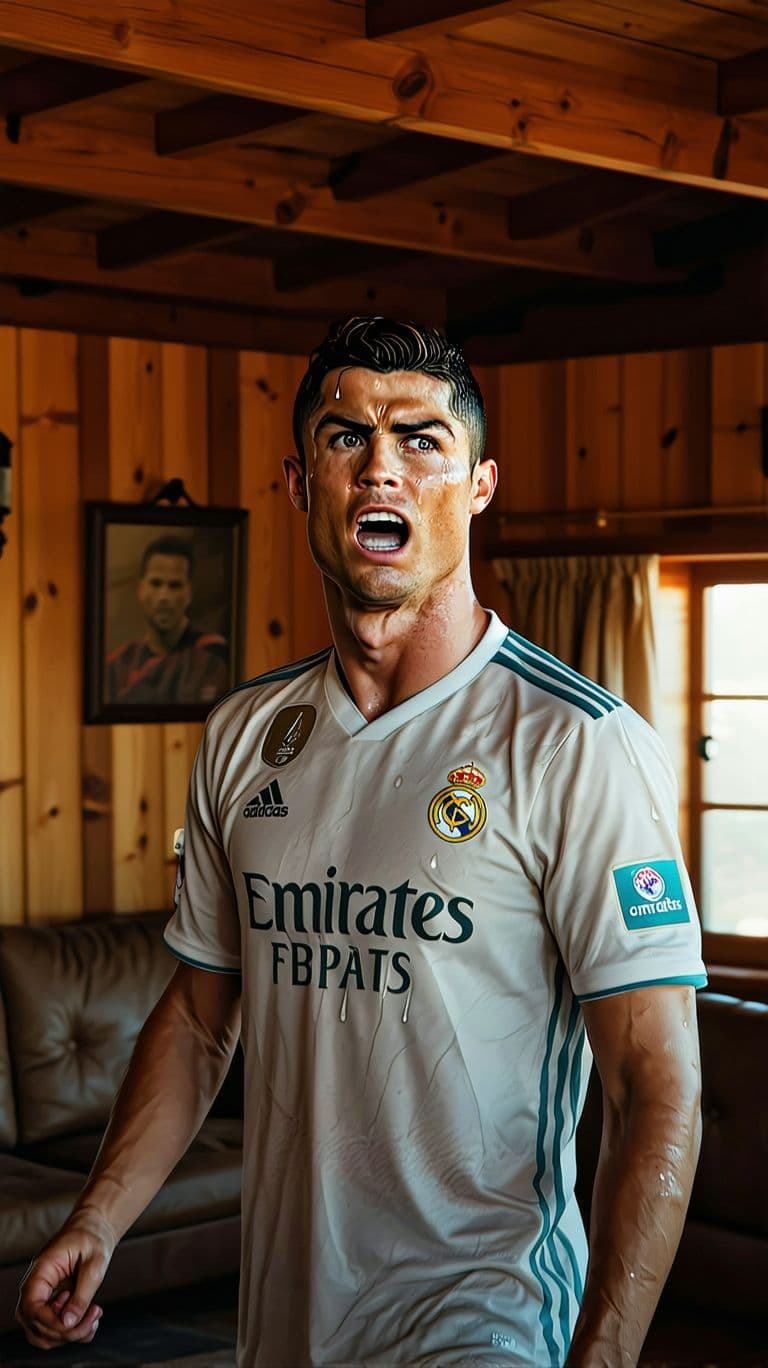 AI generated: A highly detailed and emotional close-up of Cristiano Ronaldo wearing a Real Madrid jersey, standing...