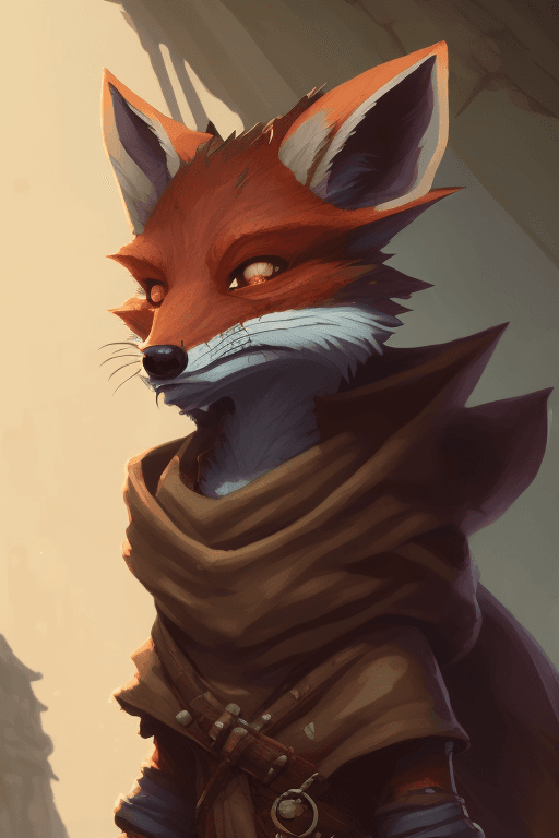 AI generated: Fox portrait, dnd, feral kobold, rusted scales, wearing a tattered and baggy tunic, hooded, wielding...
