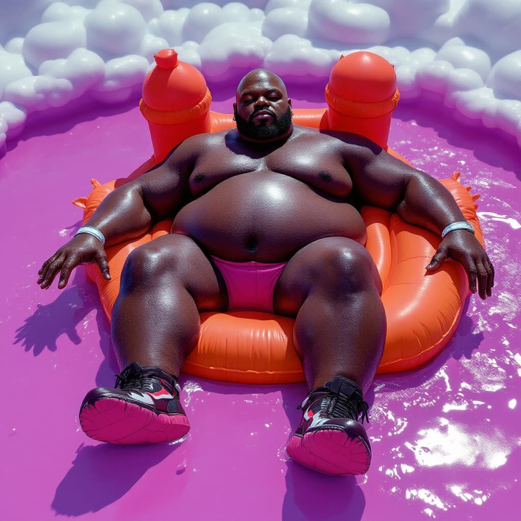 AI generated: dave blunts a big very very fat bald black rapper as an inflatable bouncy castle floating on a pool ...