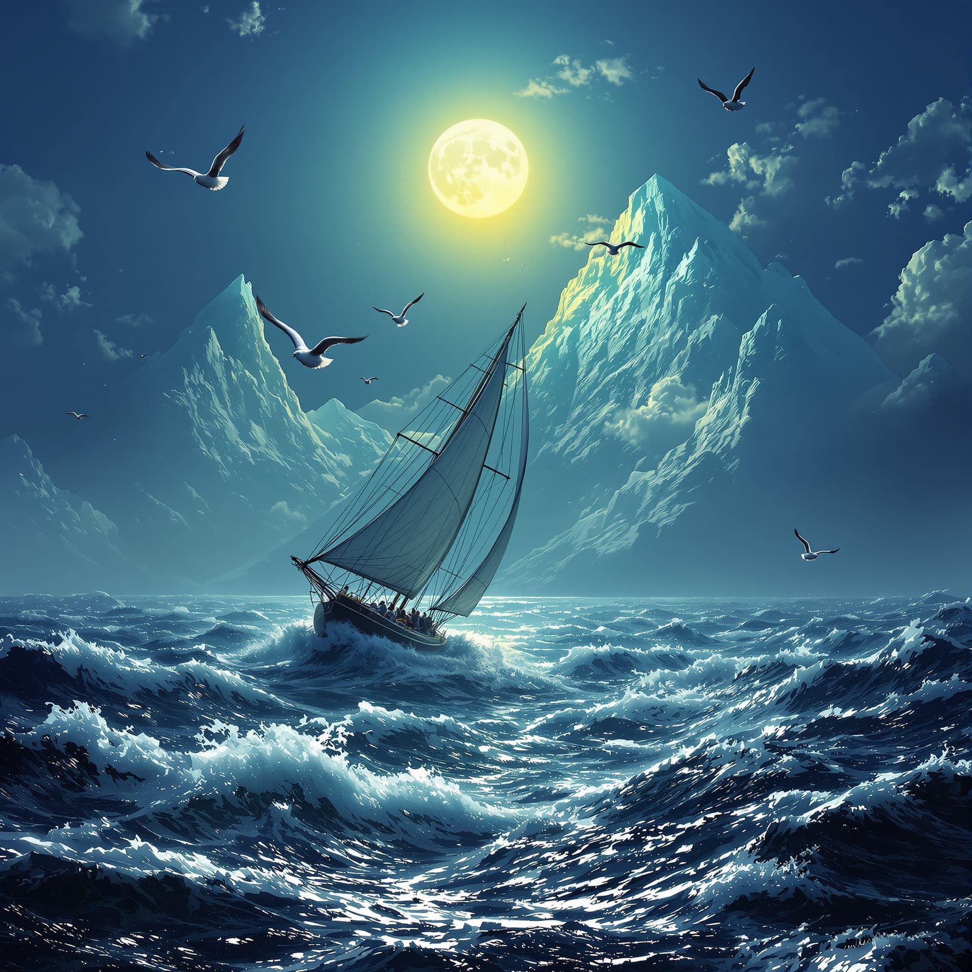 AI generated: A full moon over a raging ocean. 8k in the distance are giant quartz crystal mountains. A sailing ya...