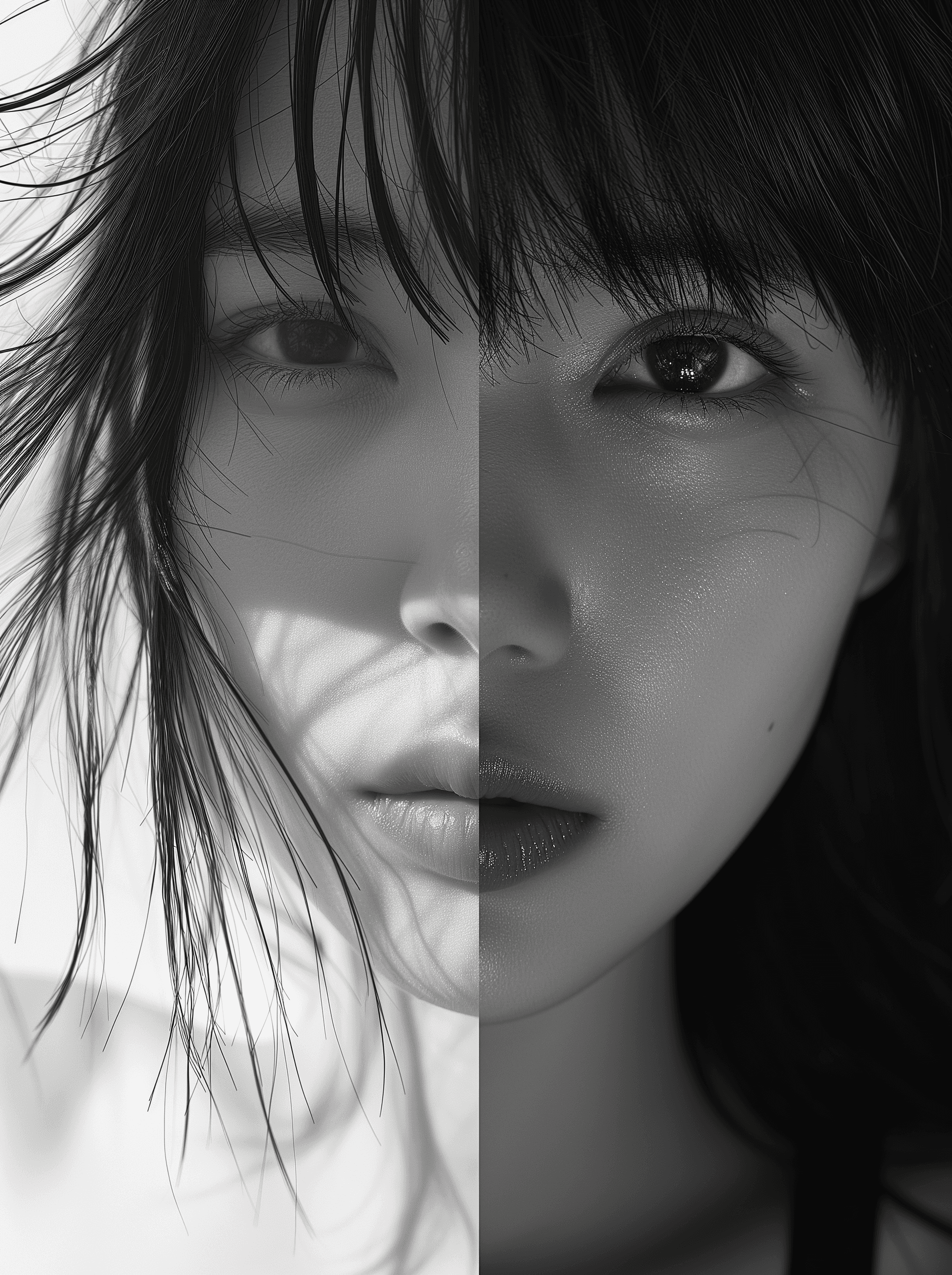 AI generated: a comic on both pages of an asian woman, in the style of webcam photography, hyperrealism, shoujo ma...