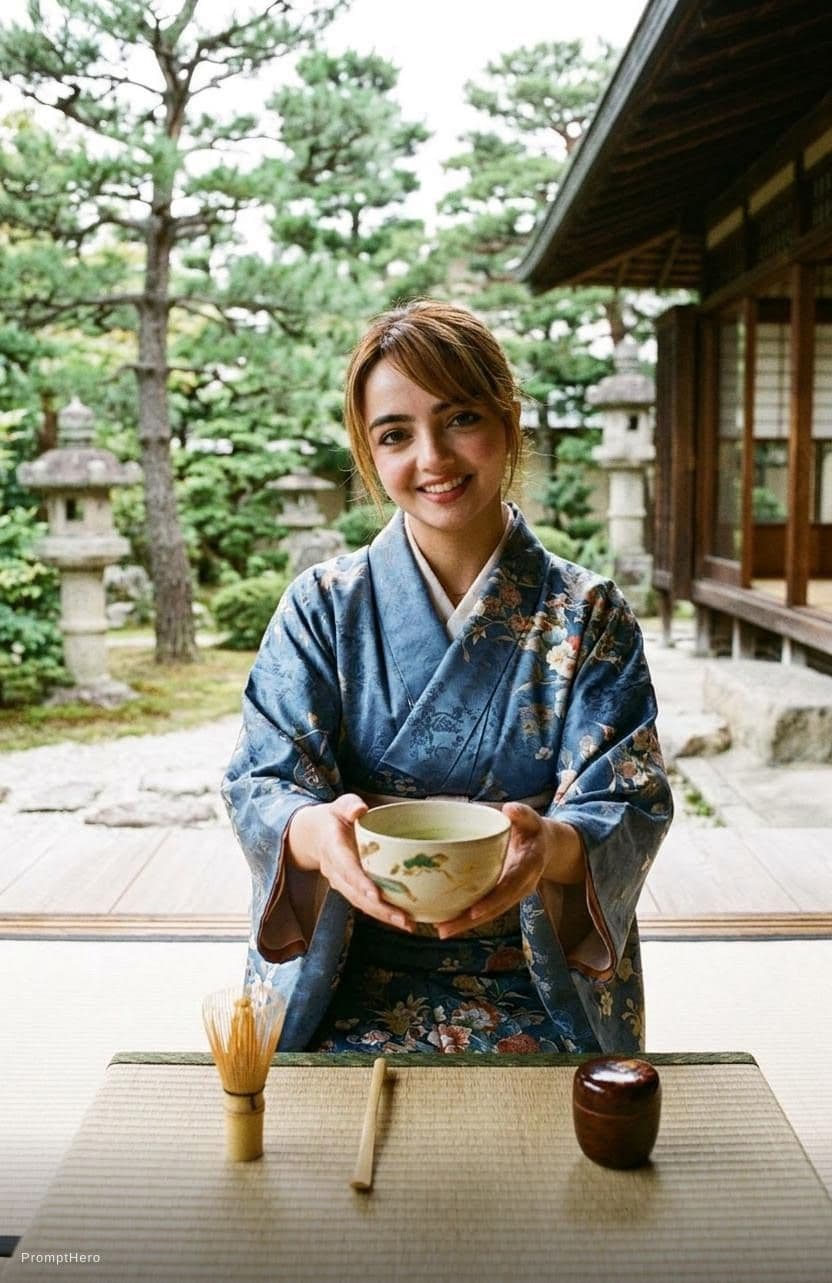 AI generated: smiles, wears a kimono,  serves japanese tea to the viewer, same artistic style