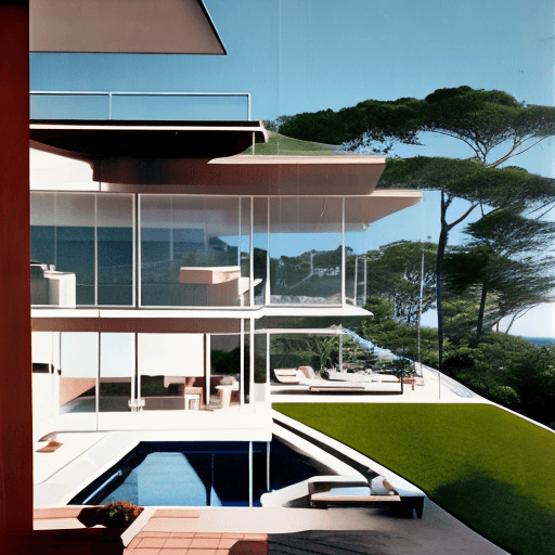 AI generated: Hyper realistic eye level exterior photo of a mid century modern style house overlooking the ocean, ...