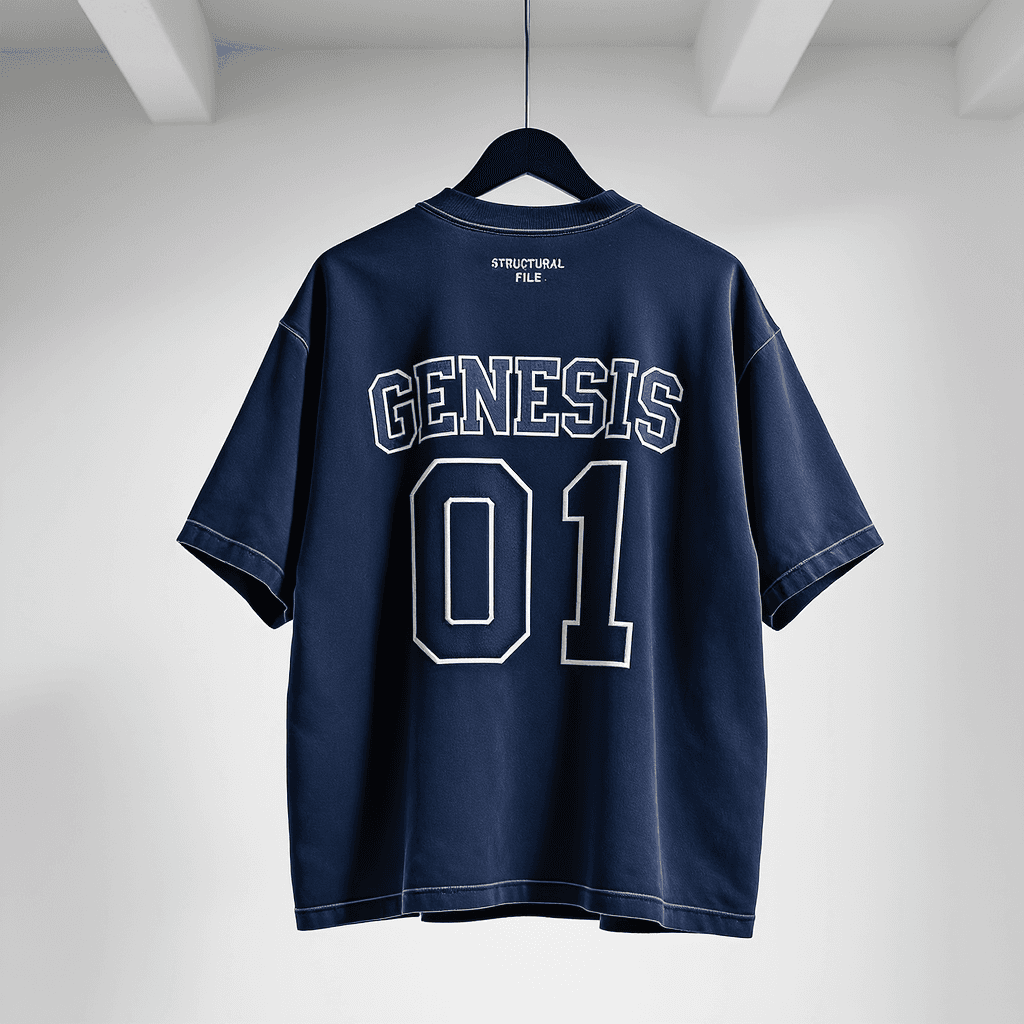 AI generated: Oversized short-sleeve washed navy blue T-shirt hanging from the ceiling with soft directional light...