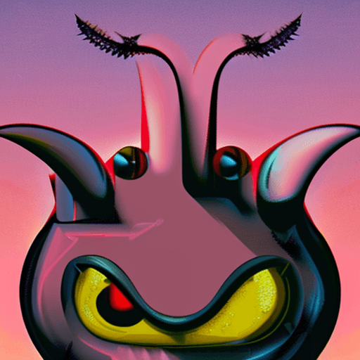 AI generated: 80s sci fi portrait of a red covid microbe with yellow eyes and spikes, designed by Weta Workshop, a...