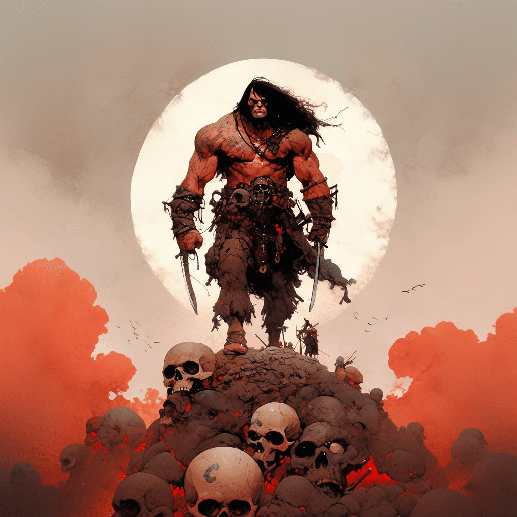 AI generated: Photorealistic surreal Conan the barbarian character in the styles of Sergio Toppi and Enki Bilal, f...