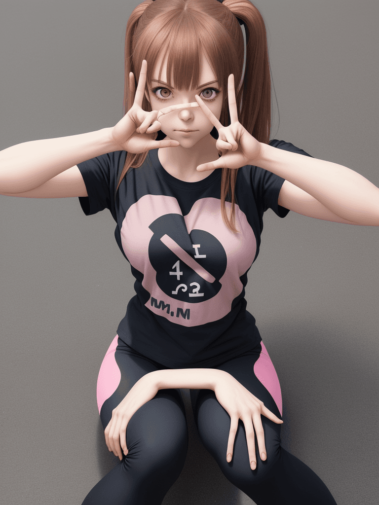 AI generated: (multiarm:1.2) woman, four arms, anime, casual clothes, t-shirt, leggings, solo, double v, double pe...