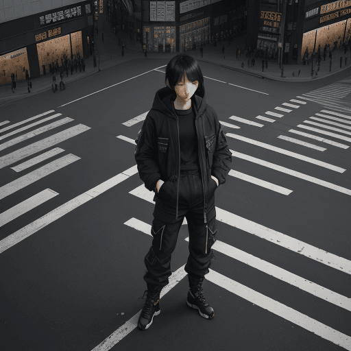 AI generated: Photography, high aerial view, korean model, standing on massive a complicated crosswalk center insp...