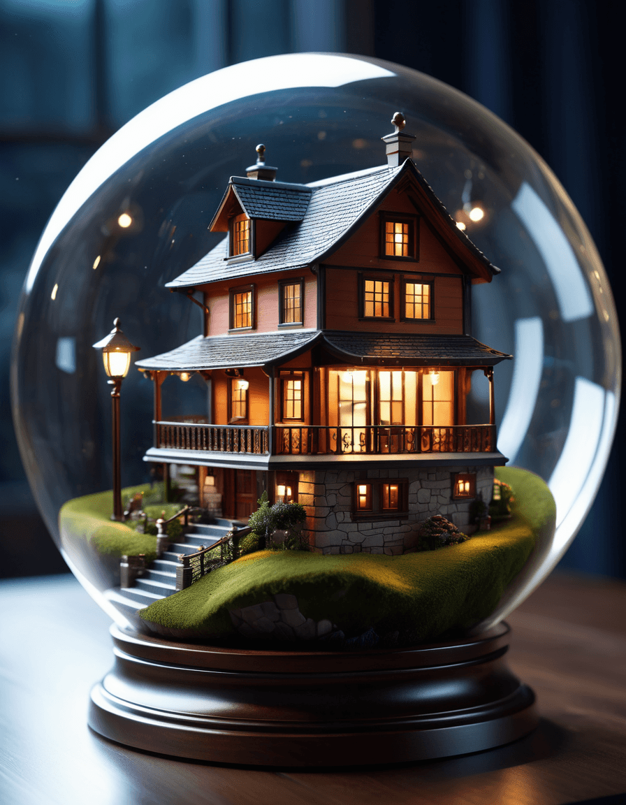 AI generated: a small house in a glass globe, very detailed, beautiful, intricate, cinematic, atmosphere, highly c...