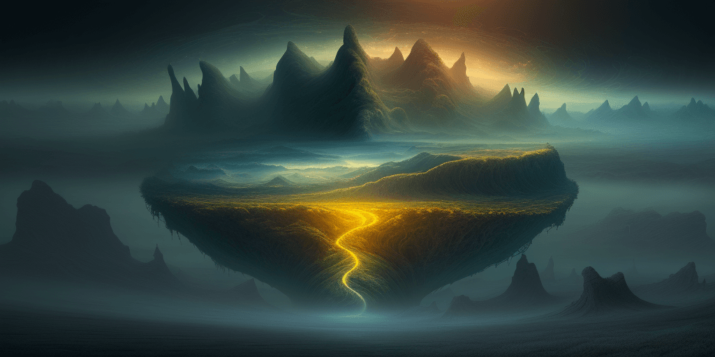 AI generated: a surrealisitc dreamy panoramic landscape, a dreamscape in a parallel universe, a warning for those ...
