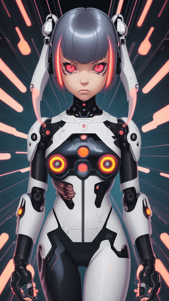 AI generated: in a neutral background portrait of little ((((Cyborg female)))):4.4, Prominent eyes, funky backgrou...