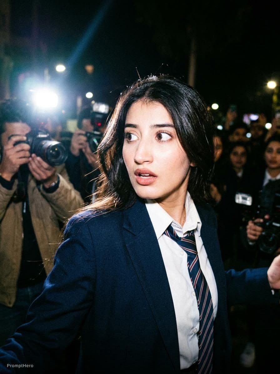 AI generated: Paparazzi-style extreme close-up photo of a woman with striking facial features, caught off-guard wh...