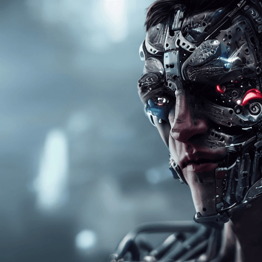 AI generated: face, half-mechanical, cyborg male warrior, looking at camera, dark lighting, sci-fi, hollywood styl...