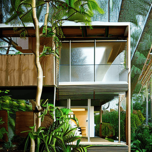 AI generated: A beautiful house in tropical modernism style inside of a forest and full of trees and plants 