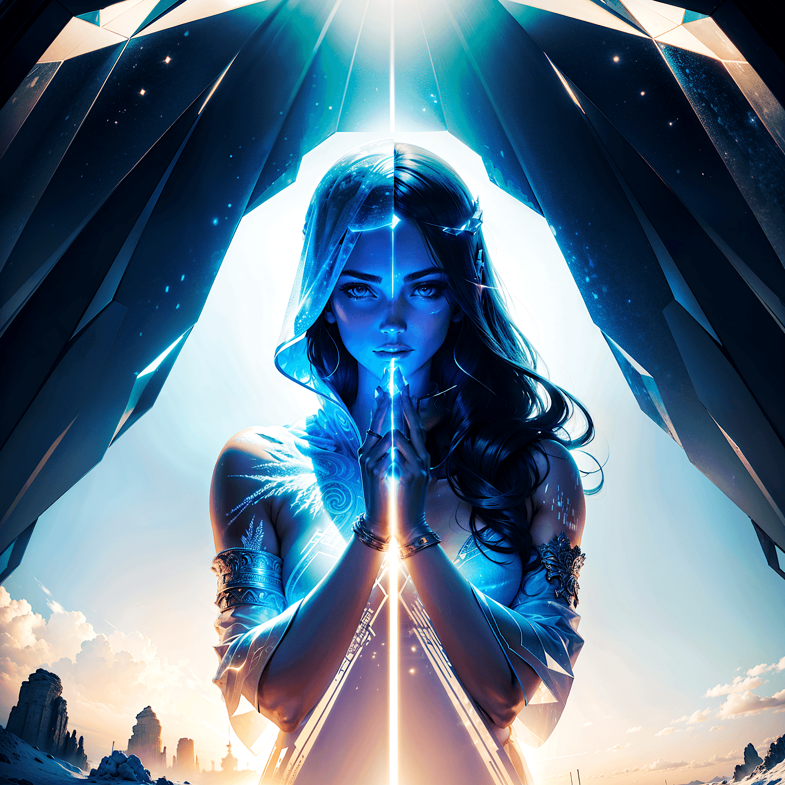 AI generated: Twin Greek Godesses in futuristic outfit. They are bound to the same light force. This portrait is f...