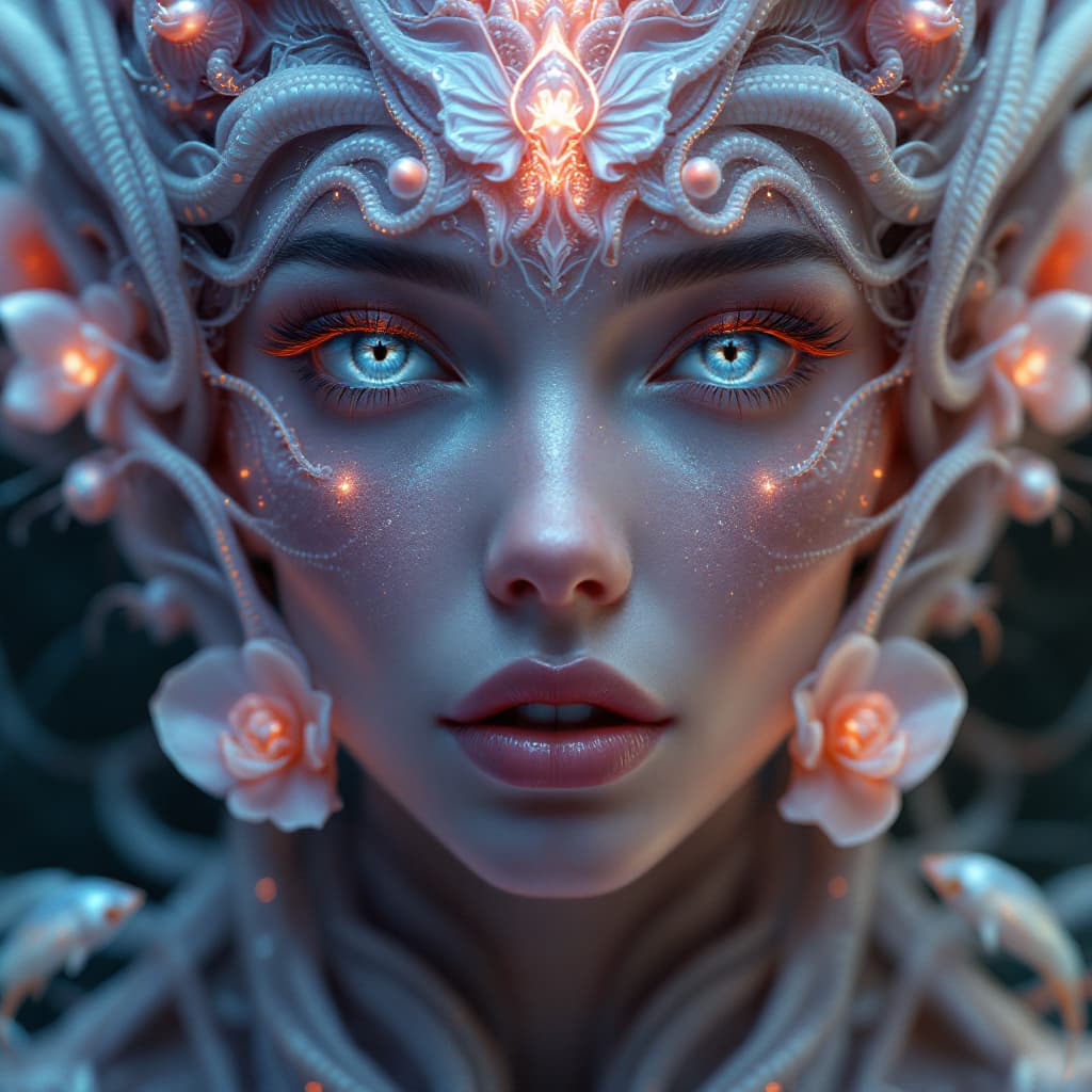 AI generated: Goddess close-up portrait ribcagel. jellyfish phoenix head, nautilus, orchid, skull, betta fish, bio...