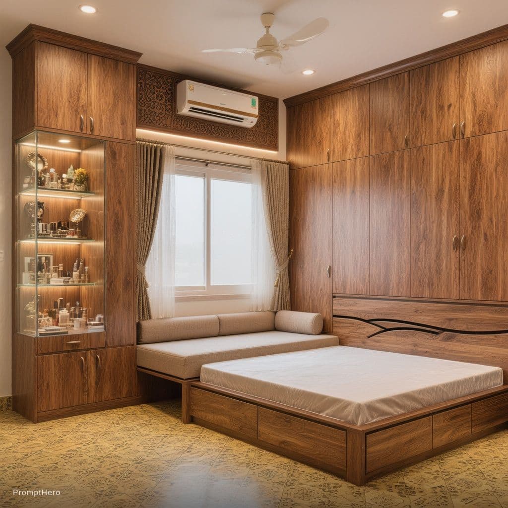 AI generated: A realistic 3D interior design of a 16x16 feet bedroom with 10 feet ceiling. South wall features a f...