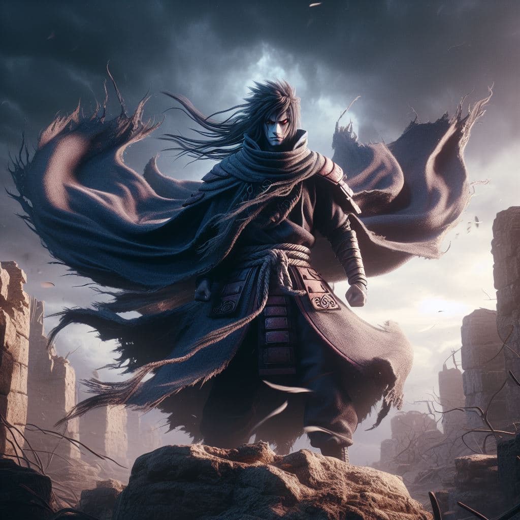 AI generated: In a mystical, war-torn landscape, Madara, the legendary, powerful ninja, stands triumphantly atop a...