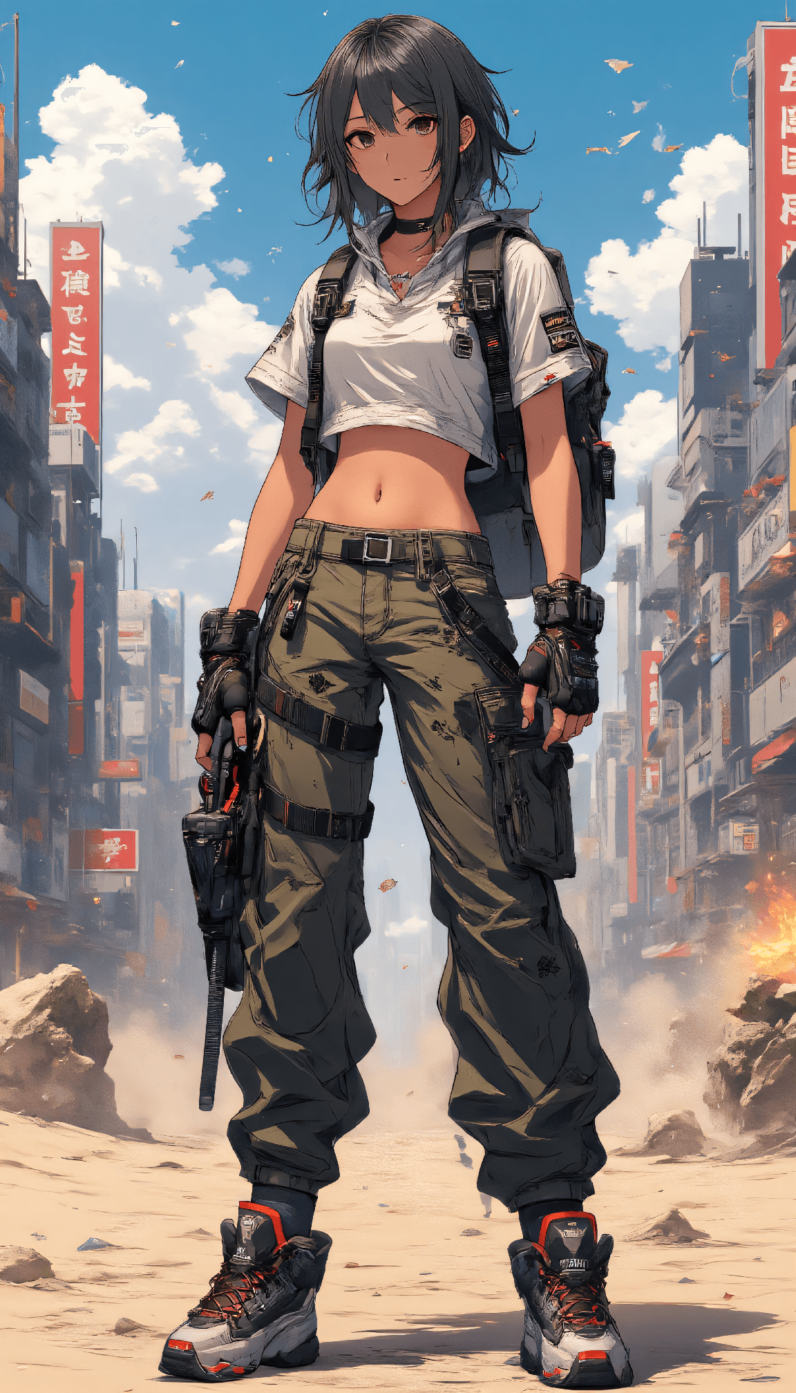 AI generated: anime artwork A desert nomad with sun-kissed skin adjusts her ornate crop top and flowing pants whil...
