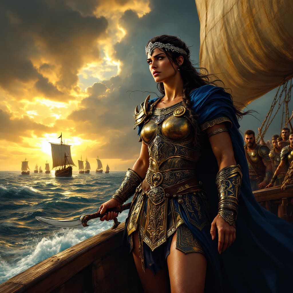AI generated: Prompt: A powerful and determined Queen Teuta of Illyria stands at the prow of her warship, sailing ...
