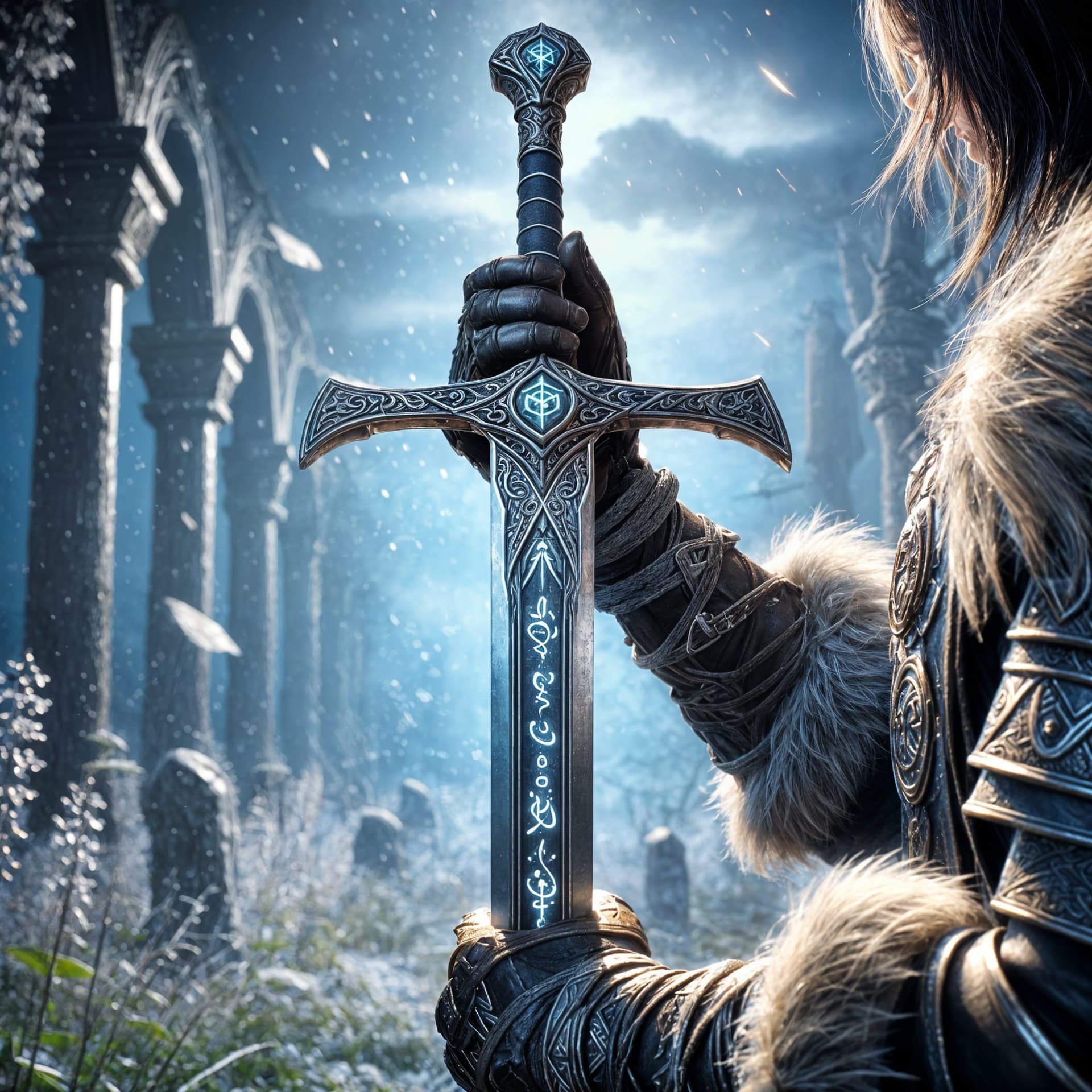 AI generated: Close-up portrait of a sword being held by a lady in realm frost. Enhance with ultra-high-definition...