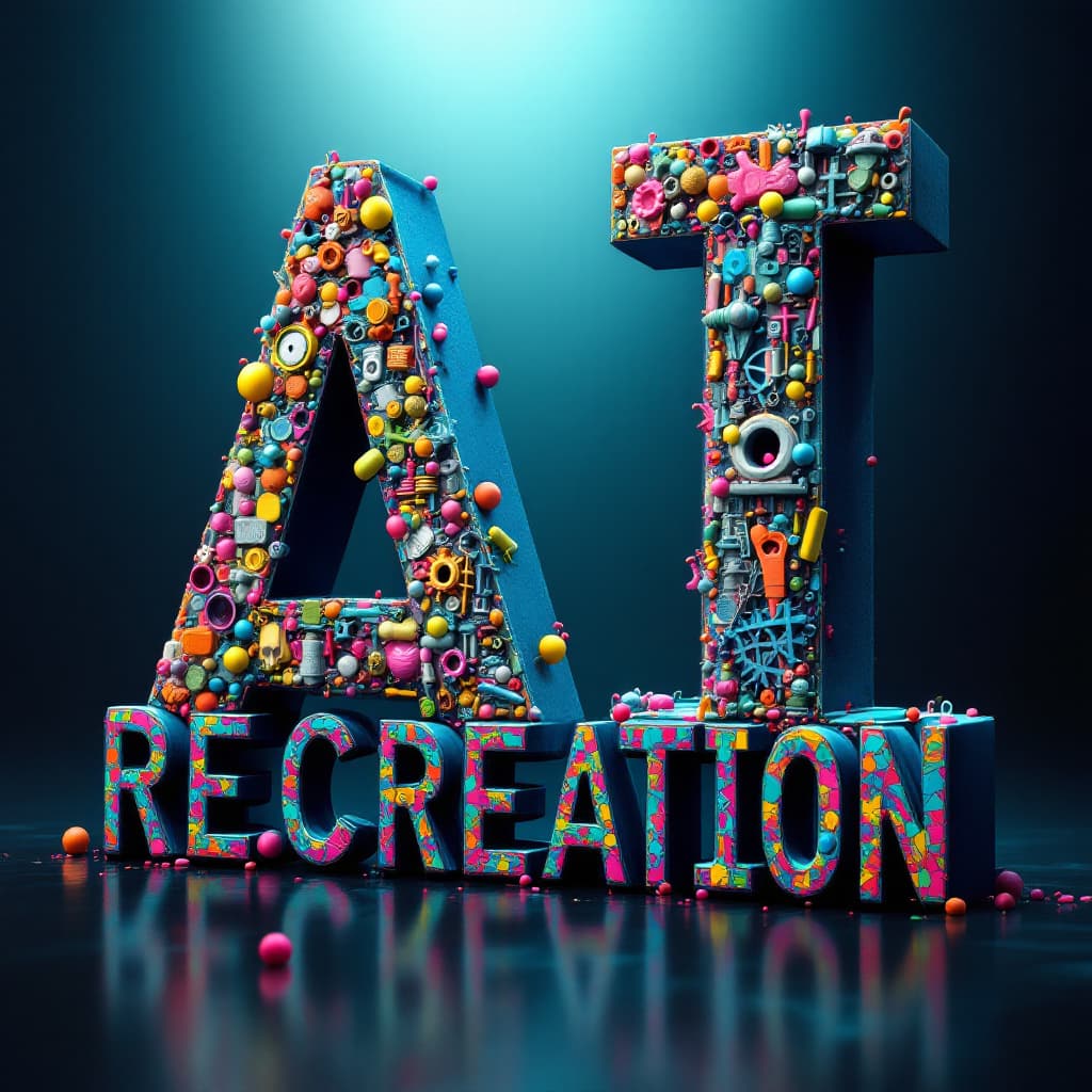 AI generated: the letters AI.RECREATION
 decorated in a complex 3 D deconstructivist style withbright colors. --v ...