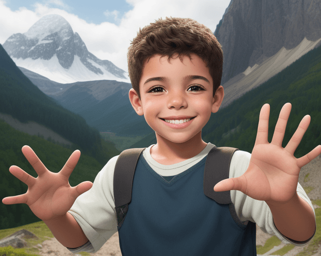 AI generated: realistic image of a boy with latino features smiling and waving with one hand with a background of ...