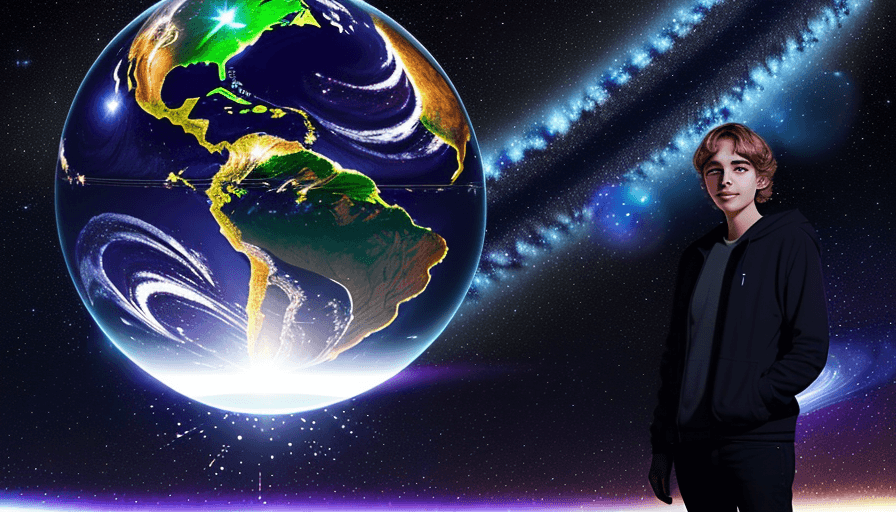 AI generated: the person is glowing, the planet and the cosmos are on the background, everything is shining