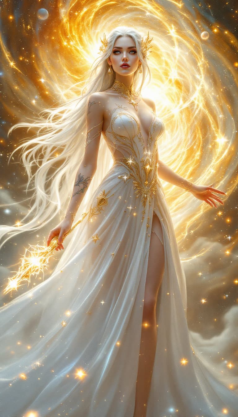 AI generated: An ultra-realistic, full-body portrait of a mesmerizing celestial seeress woman, radiating divine il...