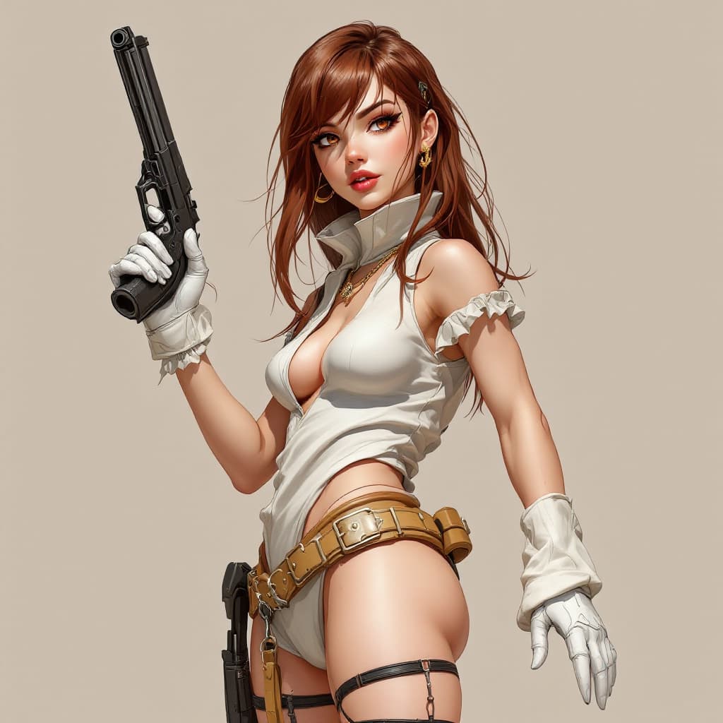 AI generated: an image of an animation character holding a gun, in the style of womancore, comic art, realistic oi...