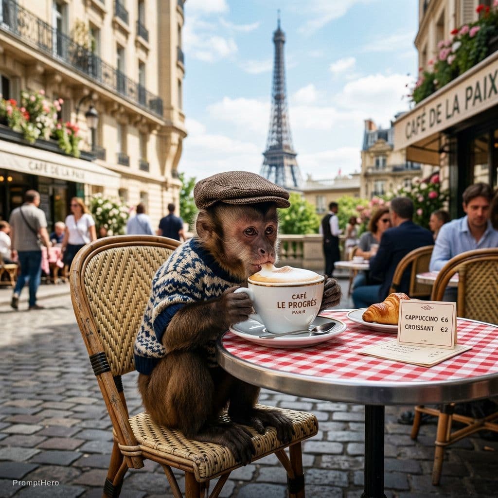 AI generated: A monkey sipping a cappuccino in Paris