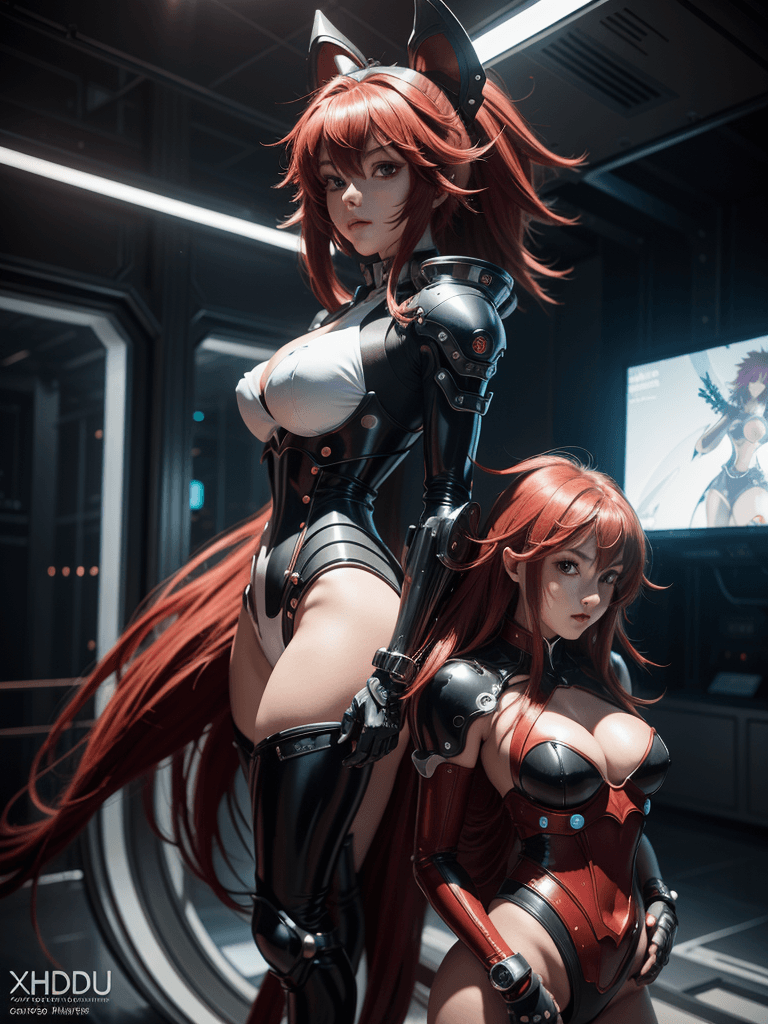 AI generated: ((High School DxD: Rias Gremory) , Plug Suit), A large circular platform reminiscent of a futuristic...