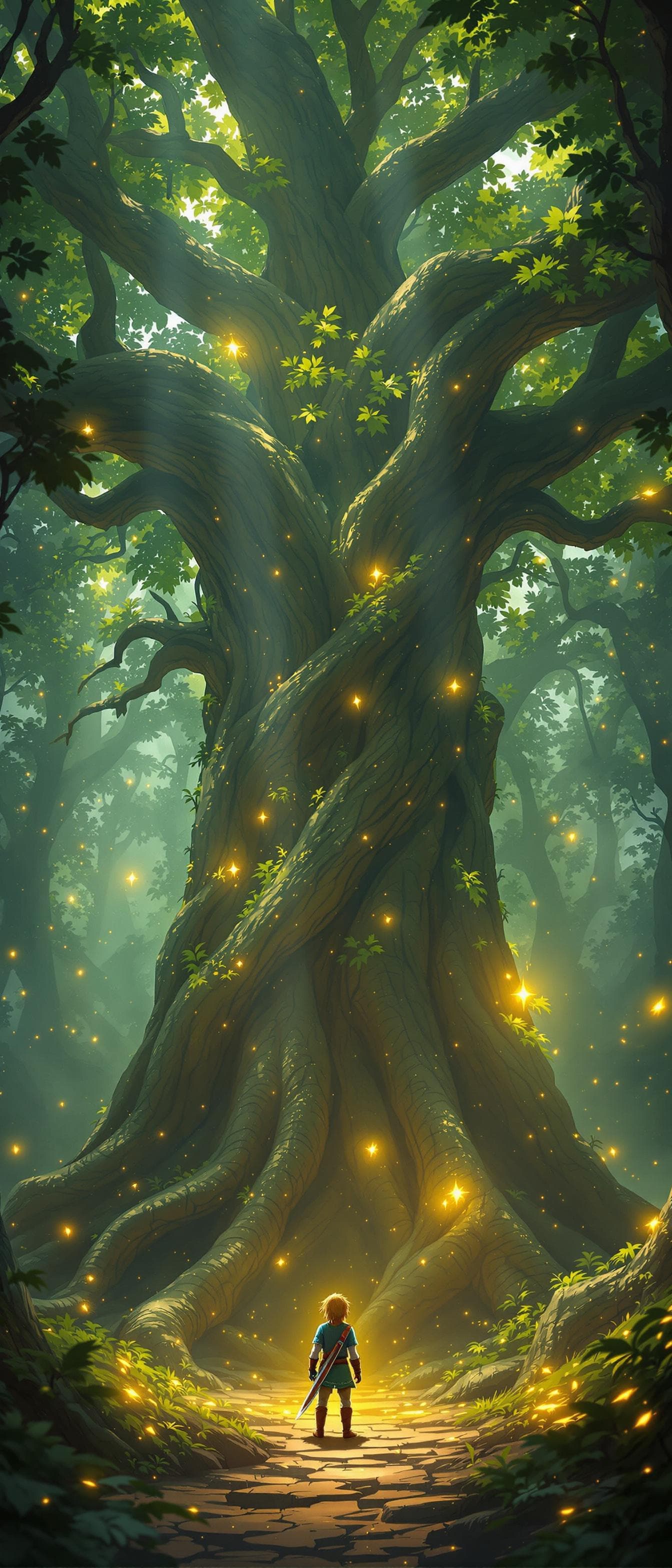 AI generated: Create a hyper-realistic scene of Link standing in front of the Great Deku Tree in a sacred forest. ...