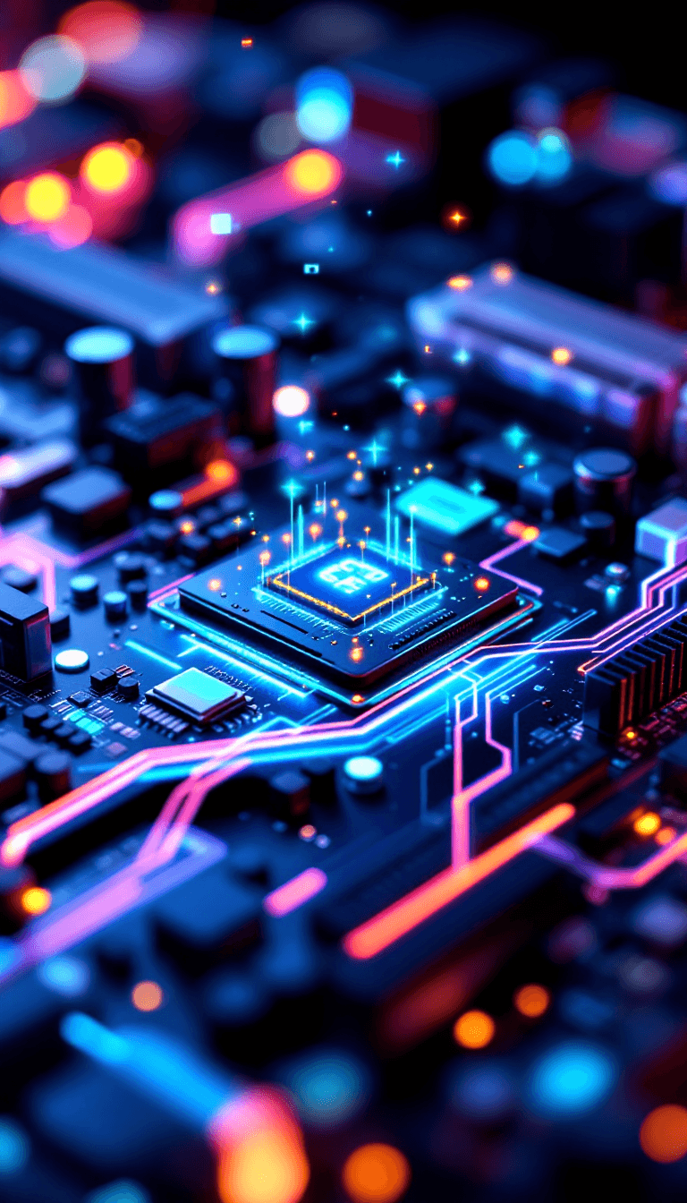 AI generated: A semi-futuristic computer circuit board rendered in near-macro perspective, with sharp, hyper-detai...