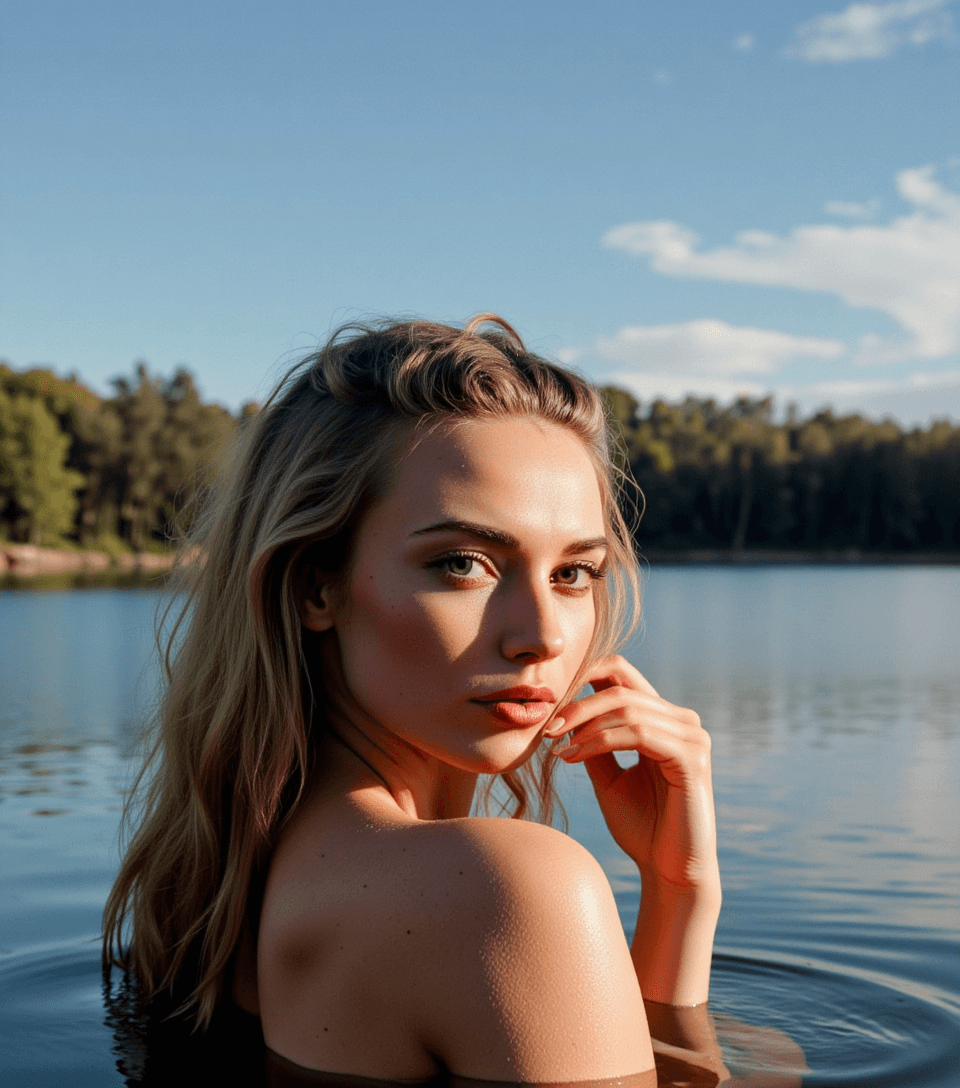 AI generated: A woman stands in a serene lake, her back to the viewer, looking over her shoulder with light blue e...