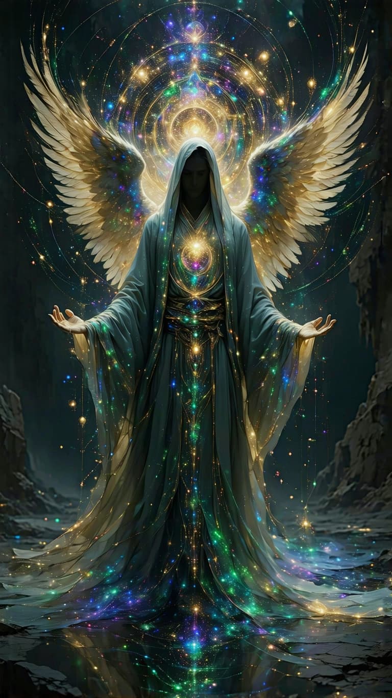 AI generated: A luminous, divine figure floats at the center of an infinite cosmic mandala, their form seamlessly ...