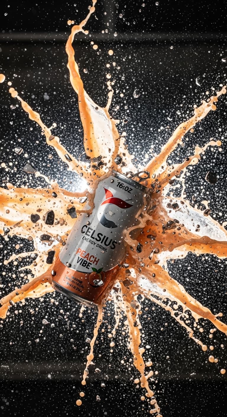 AI generated: 12k, super detail, sharp, uhd, a masterpiece capture of the drink celsius, exploding into a million ...