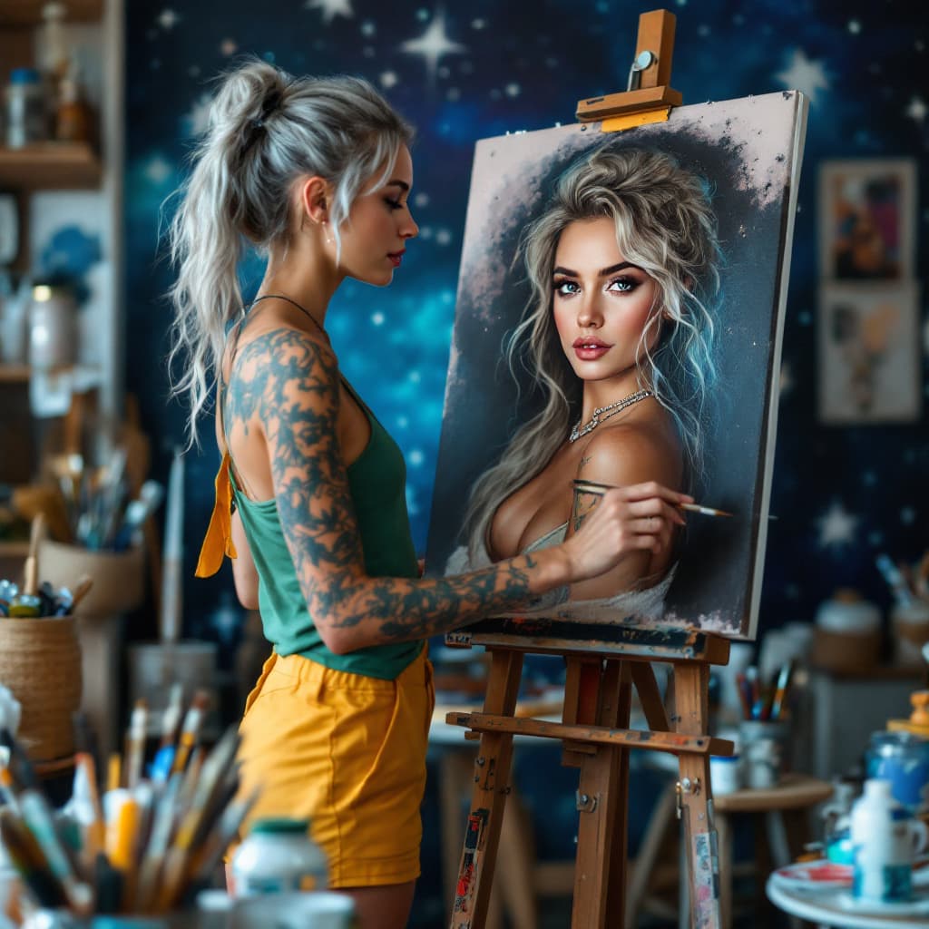 AI generated: A stunning high quality photo of a beautiful and gorgeous 24 year girl with tattoos on his arms and ...