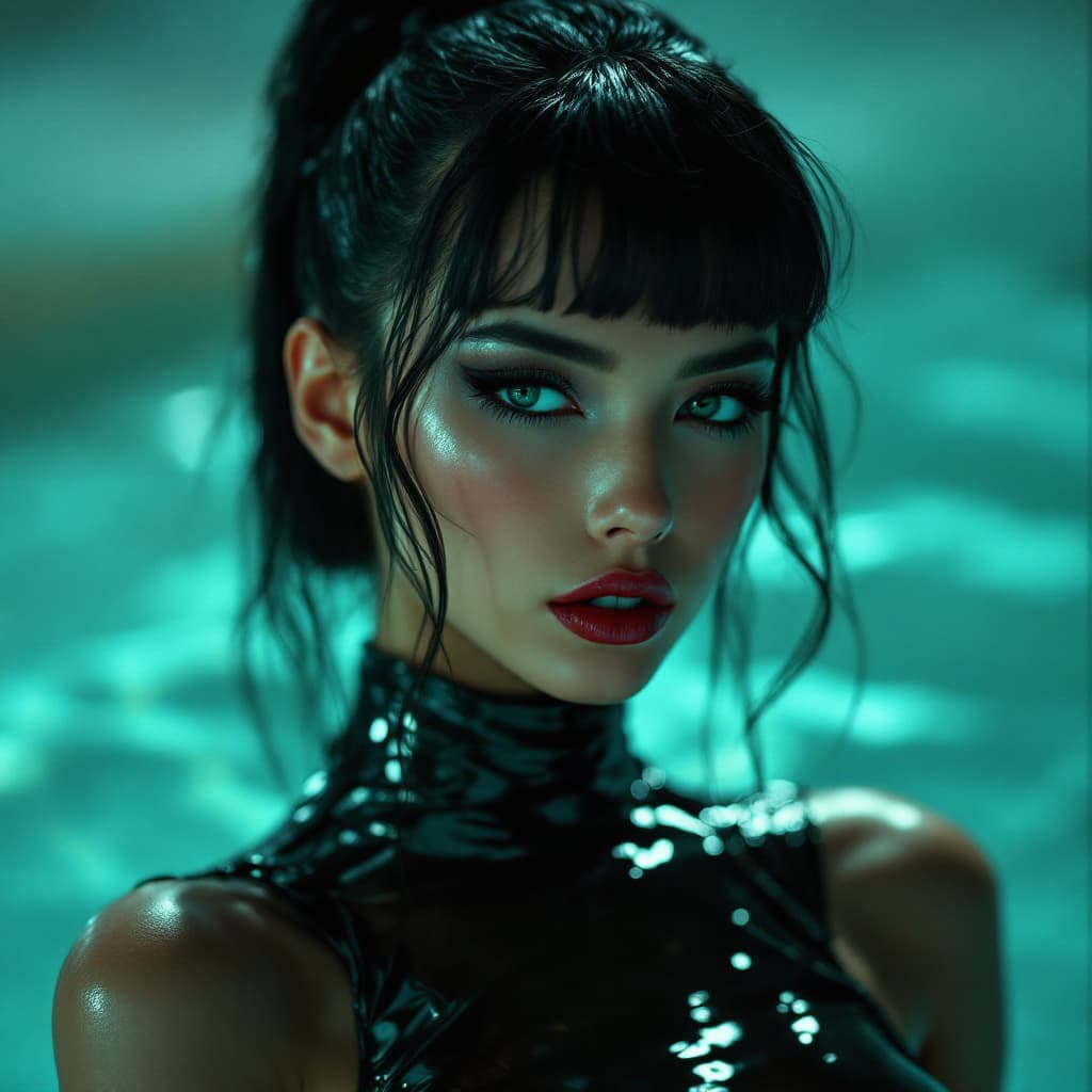 AI generated: high fashion photo, vintage latex outfit, in the style of Joong Keun Lee, intense shadows, smooth an...