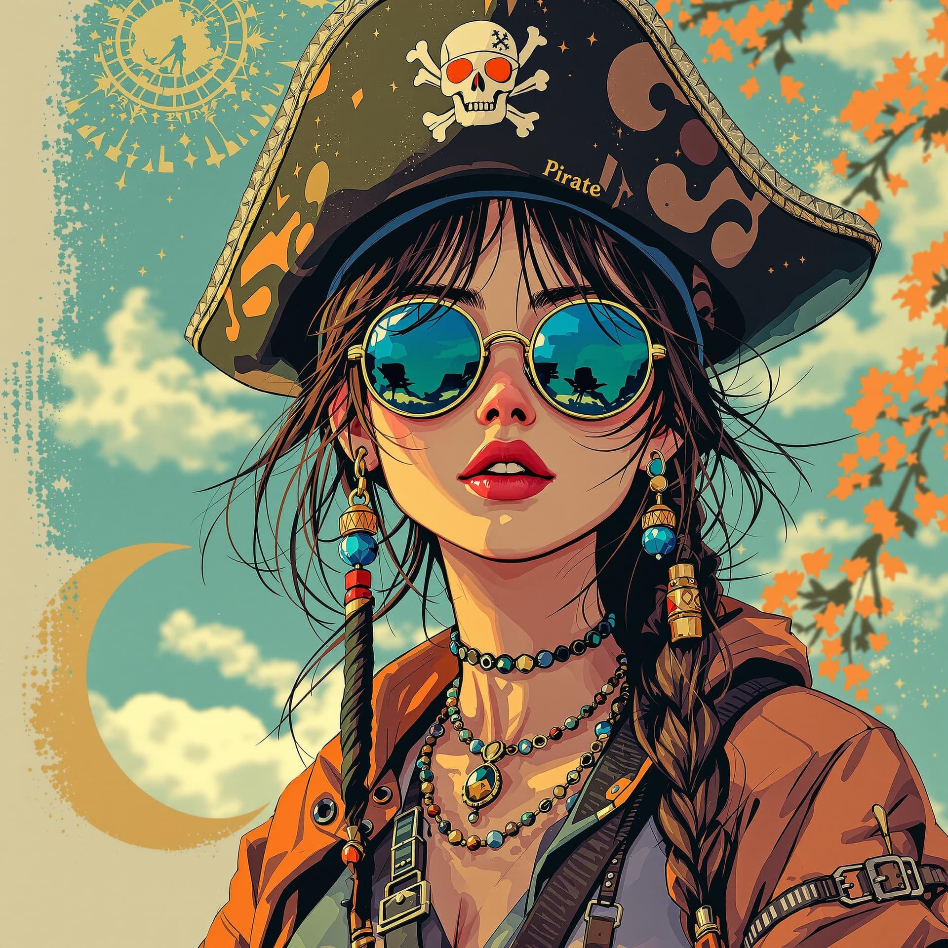 AI generated:  a girl wearing pirate and sunglasses, in the style of otherworldly illustrations, realistic color s...