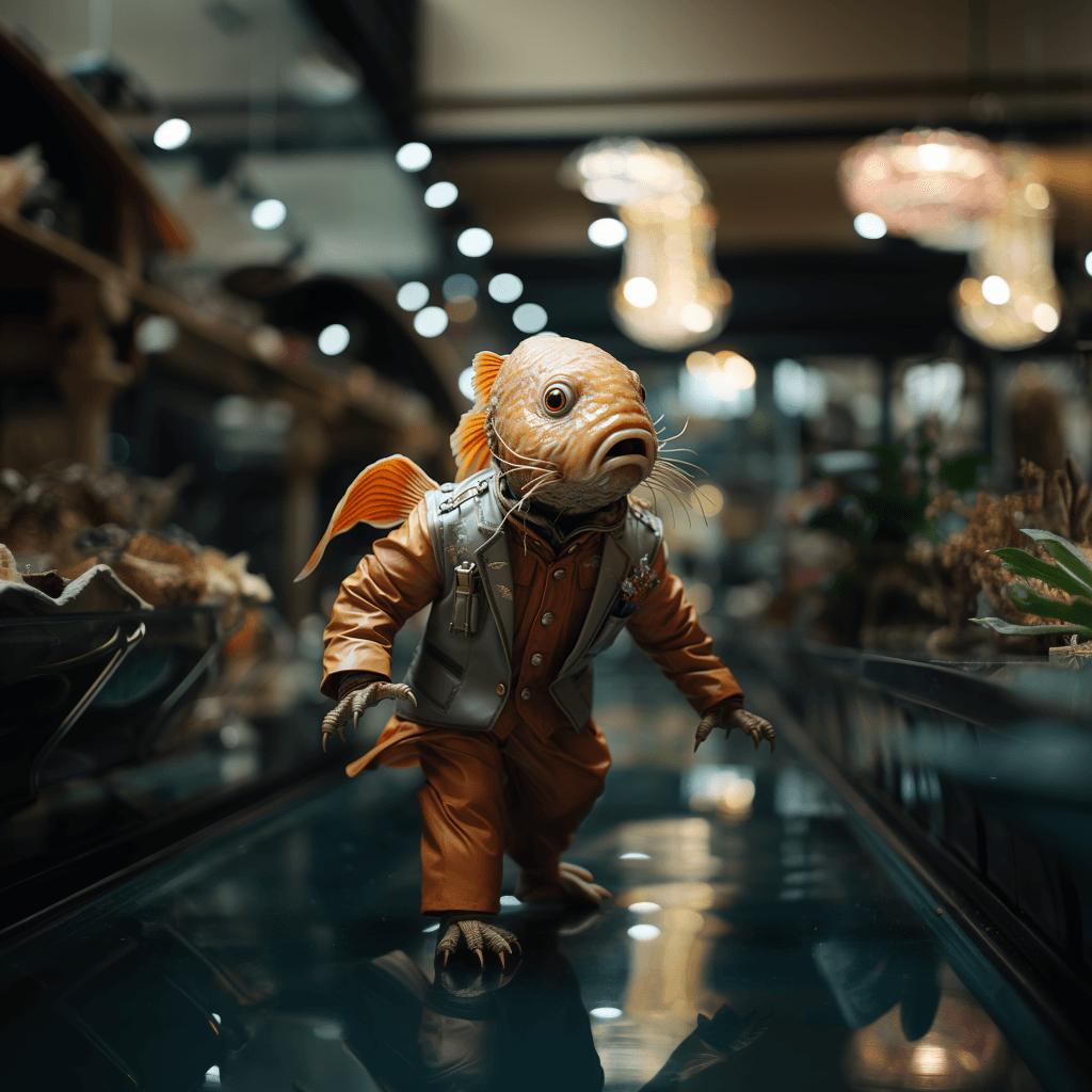 AI generated: A stylish fish, walking on its tail fins, browsing an aquarium where humans are the main exhibit." D...